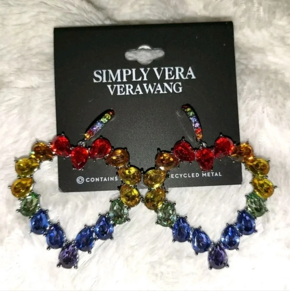 Simply Vera Vera Wang Pewter Tone Rainbow Crystal Hoop Heart Earrings Gift NWT